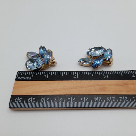 Vintage GARNE Blue Rhinestone Clip-On Earrings Fire Polished 50s-60s - Picture 10 of 12